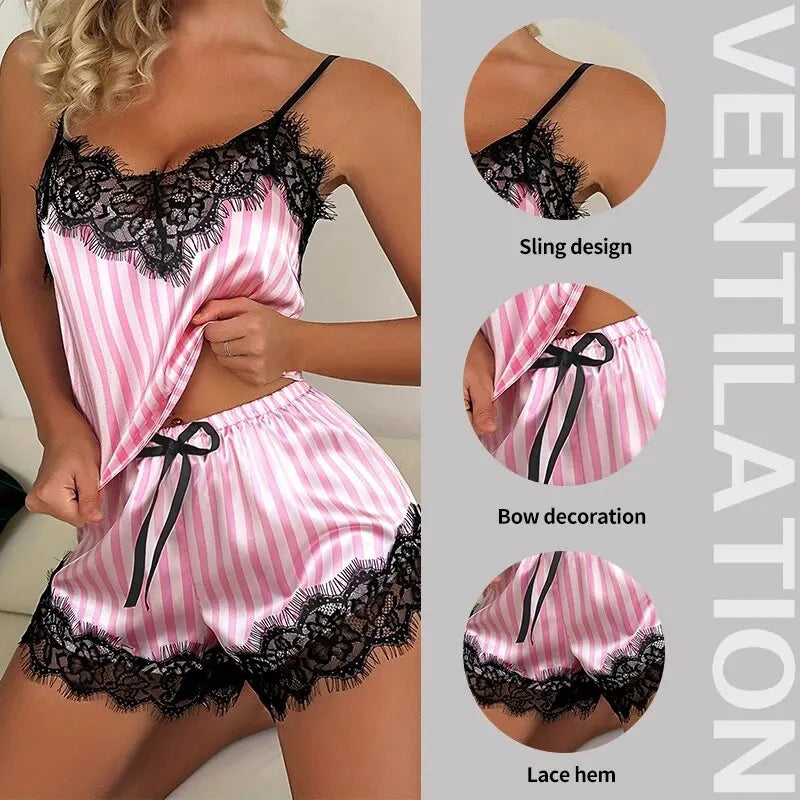 Dam Pyjamas Set – V-ringat Spetslinne & Shorts, Sexigt & Bekämt, Rosa M–L