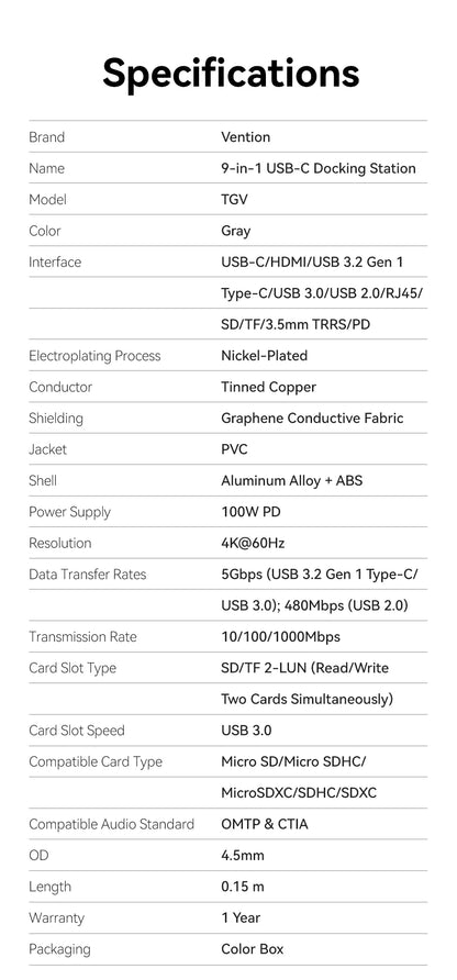 Vention USB C HUB 4K 60Hz Type C to HDMI RJ45 Ethernet PD 100W SD TF for MacBook PC iPad Sumsang PC Tablet Phone USB 3.0 Hub