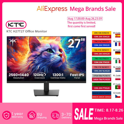 KTC H27T27 Kontorsmonitor 27" 2K QHD – Fast IPS 120Hz OC HDR FreeSync G-Sync 99% sRGB Ramlös VESA EU-lager