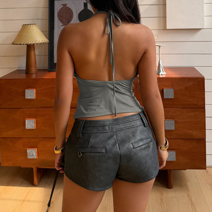 Dam Drapad Halterneck Cami Top – Djup V-ringning Knytrygg Y2K Slim Streetwear Sommar 2026, Grå S–L