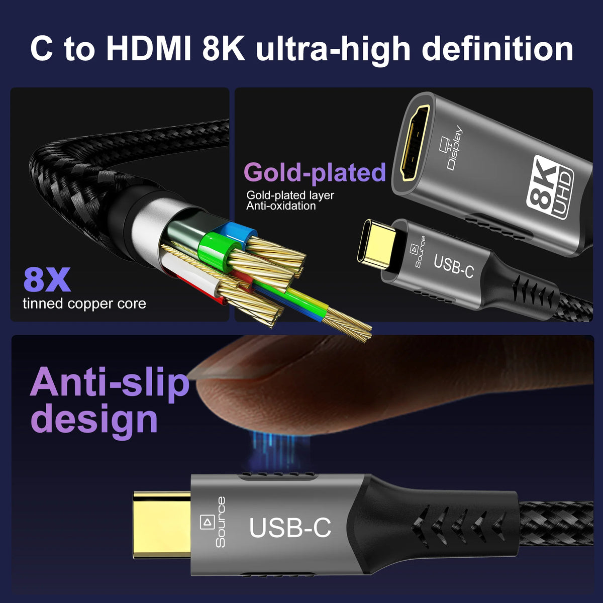 8K@60Hz 8K USB C to HDMI 2.1 Cable Adapter Type C to HDMI Cable for Thunderbolt 3 Compatible with MacBook Pro IPad pro Laptop