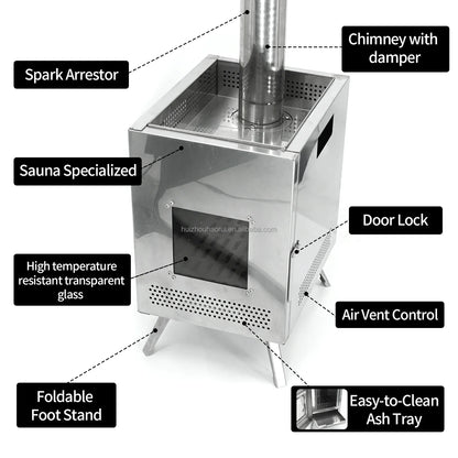 Stainless Steel Sauna Stove Picnic Camping Tent Wood-burning Heating Stove Household Folding Portable Firewood Sauna Stove