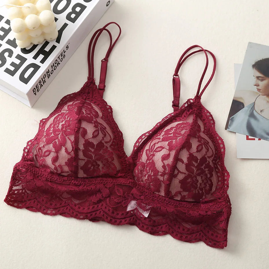 Lace Triangle Bralette Wireless Bra For Women Floral Lace Design Underwear Sexy Lingerie Lightly Lined Cup Small Chest Brassiere
