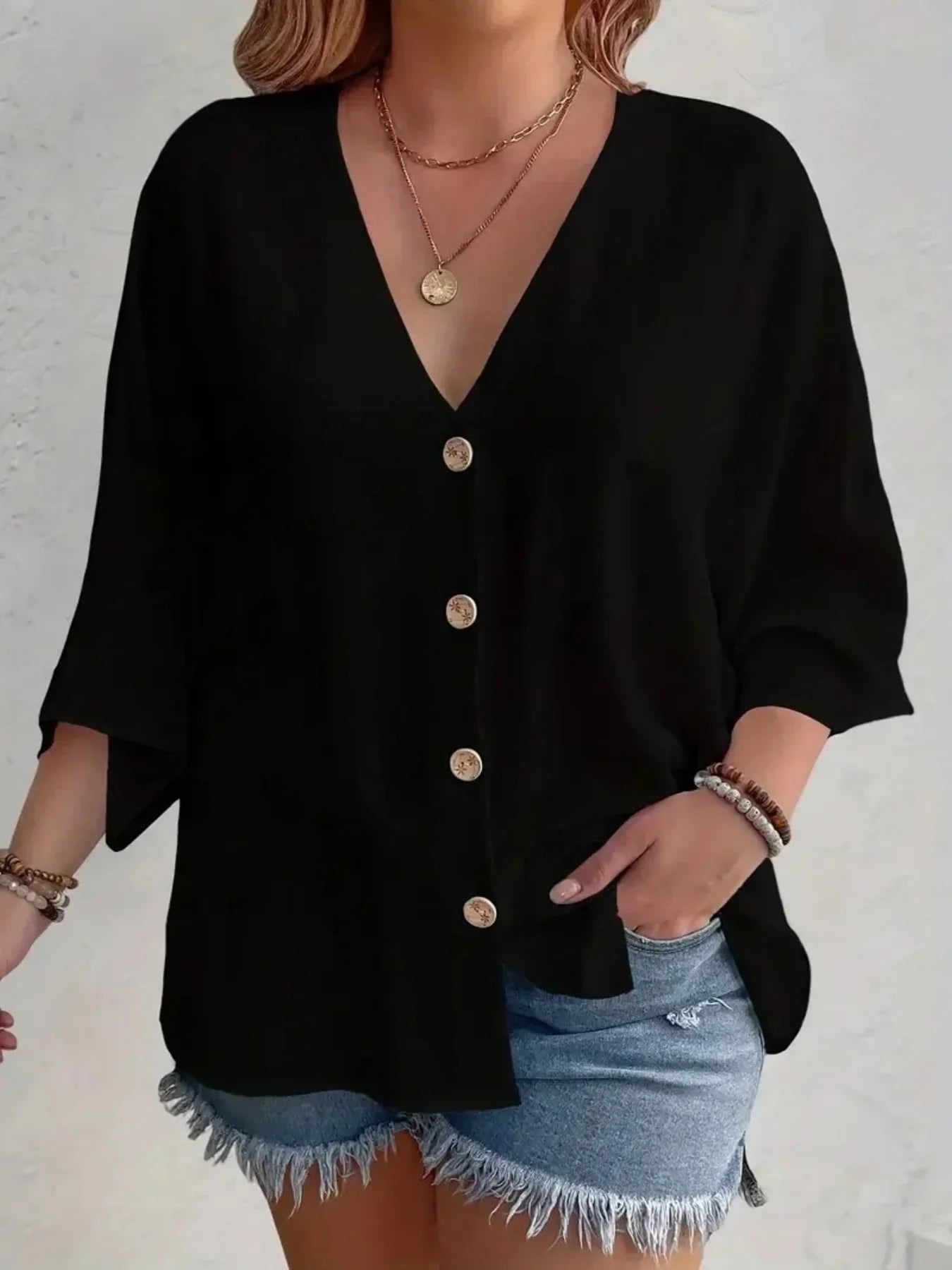 Plus-size Women's T-shirt Solid Color Breathable Spring/summer V-neck Button Travel Casual Wear with European and American Style
