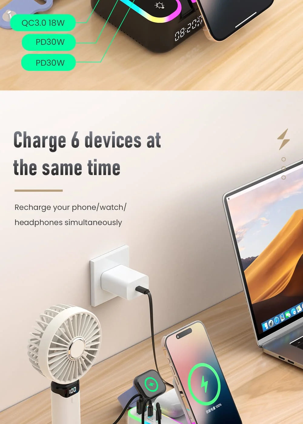 LYNXZ 8-i-1 Magnetisk Trådlös Laddstation 15W – RGB MagSafe PD30W USB-C iPhone AirPods Apple Watch Vit Svart