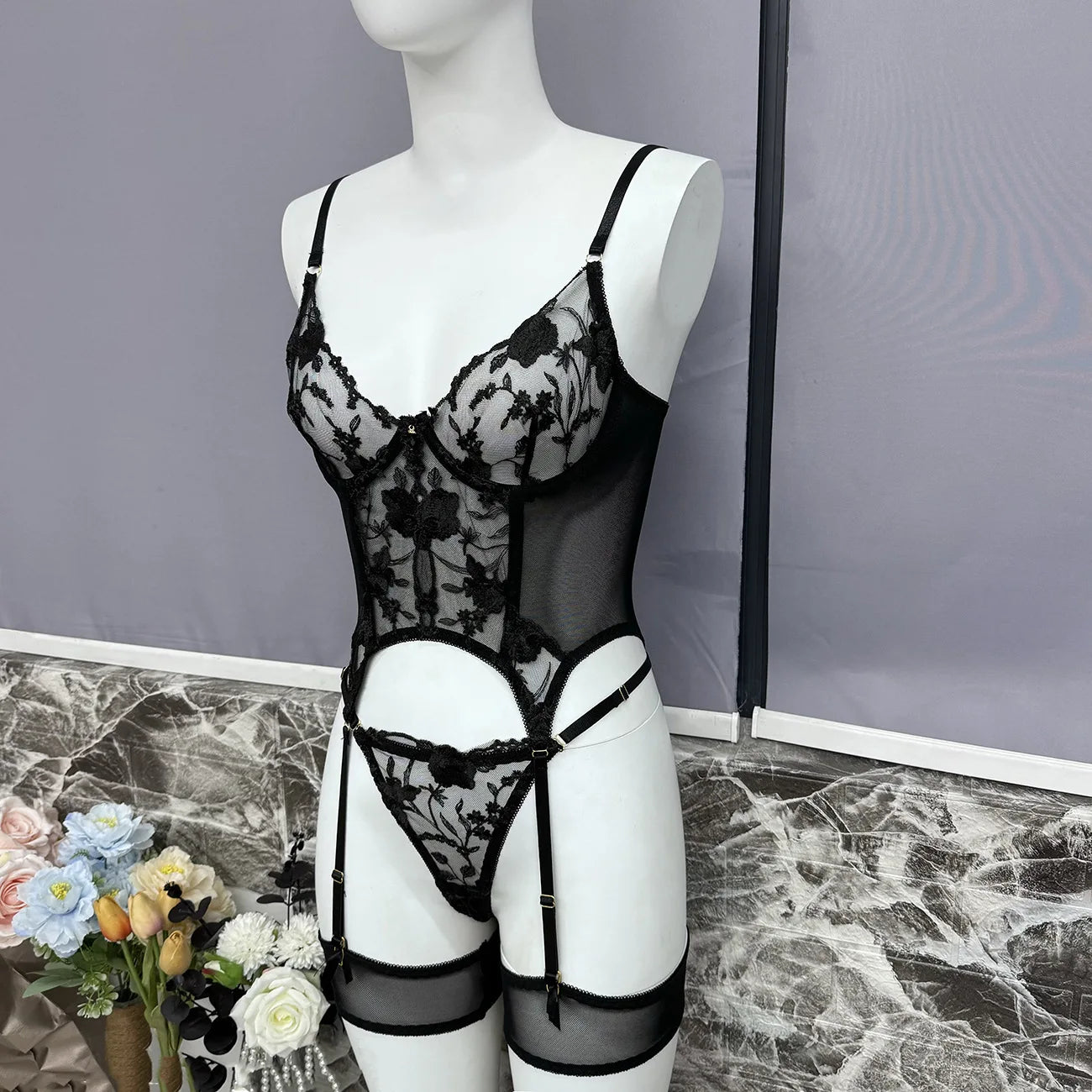 Floral Embroidered Boned Corset Lingerie Set Sheer Mesh Underwire Bustier Garter Straps Waist Cincher Romantic Night Clubwear
