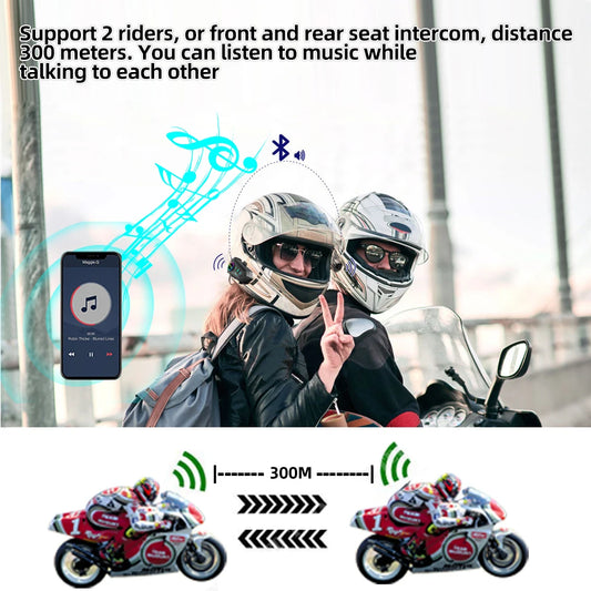 Bluetooth Intercom för Motorcykelhjälm – BT 5.3, 300m Räckvidd, IPX6 Vattentålig, 1 eller 2 Hjälmar