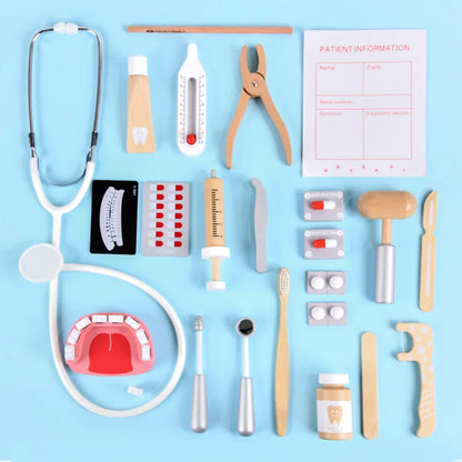 Lekläkare leksaker trä simulation tandläkare undersökning borsta tänder medicin set rollspel pedagogiska leksaker för barn
