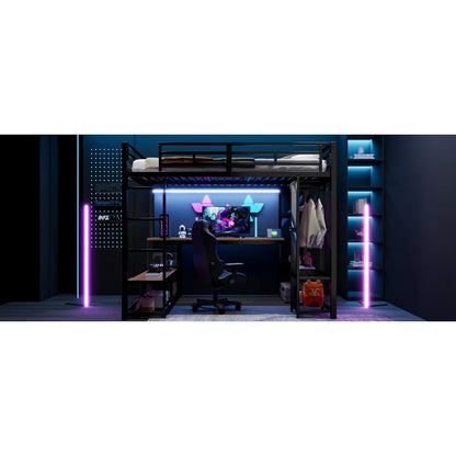 140x200cm Metal High Bed with Storage and Open Wardrobe, Kids Bedroom Bed with USB Connector and LED Lighting, Black/white