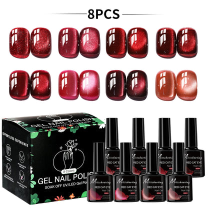 Red Cat Eye Gel Nail Polish Magnetic Glitter Holographic Red Ruby Christmas Polish Reflective Jelly Translucent UV Gel Manicure