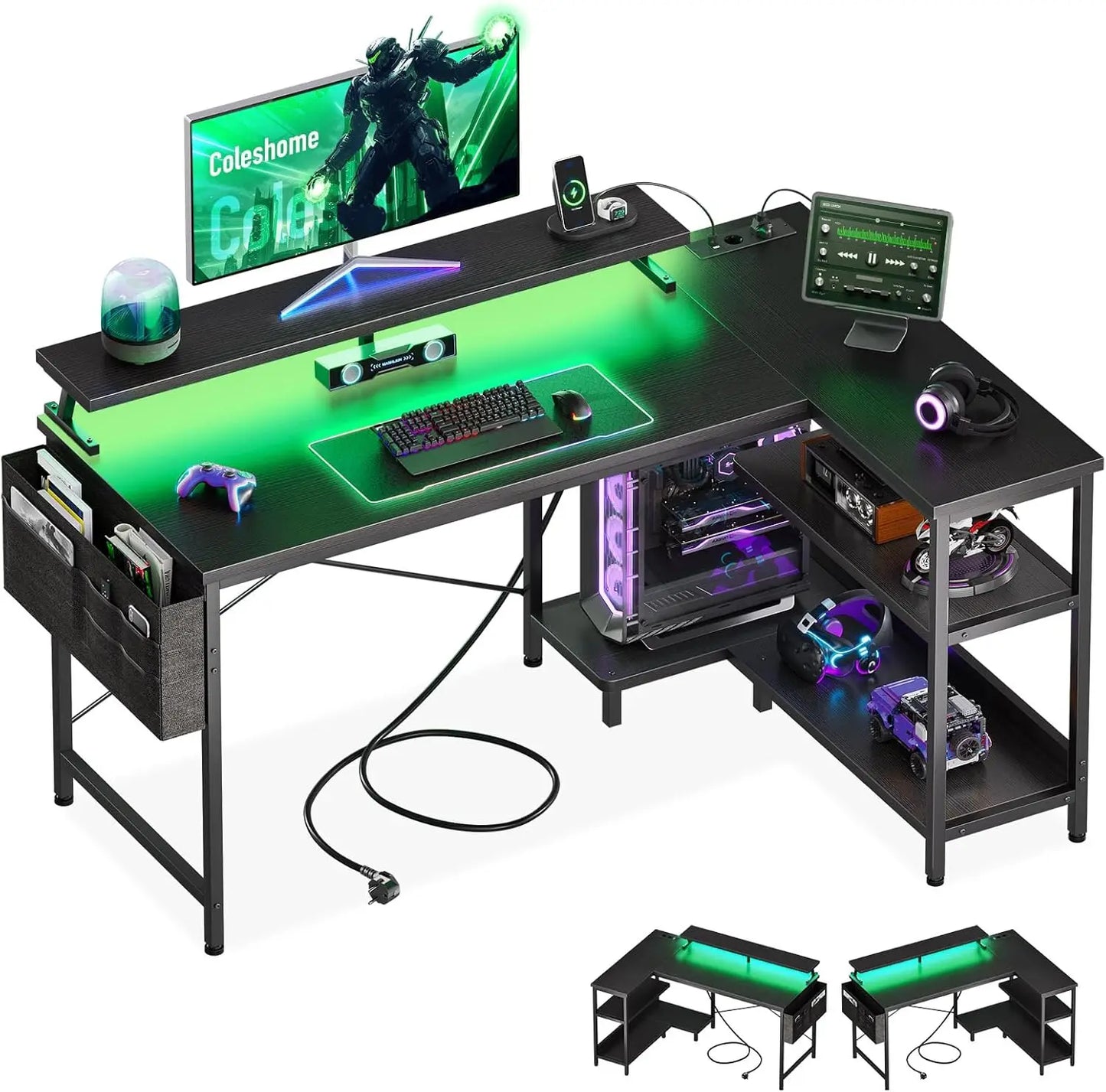 Coleshome Gaming Desk with Led, 120X80Cm Corner Desk with Reversible Shelves, L-Shaped Gaming Table with Power Outlets and USB Gaming Table with Monitor Stand Home Office, Black