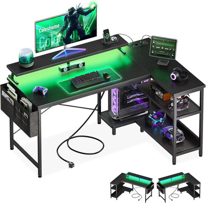 Coleshome Gaming Desk with Led, 120X80Cm Corner Desk with Reversible Shelves, L-Shaped Gaming Table with Power Outlets and USB Gaming Table with Monitor Stand Home Office, Black