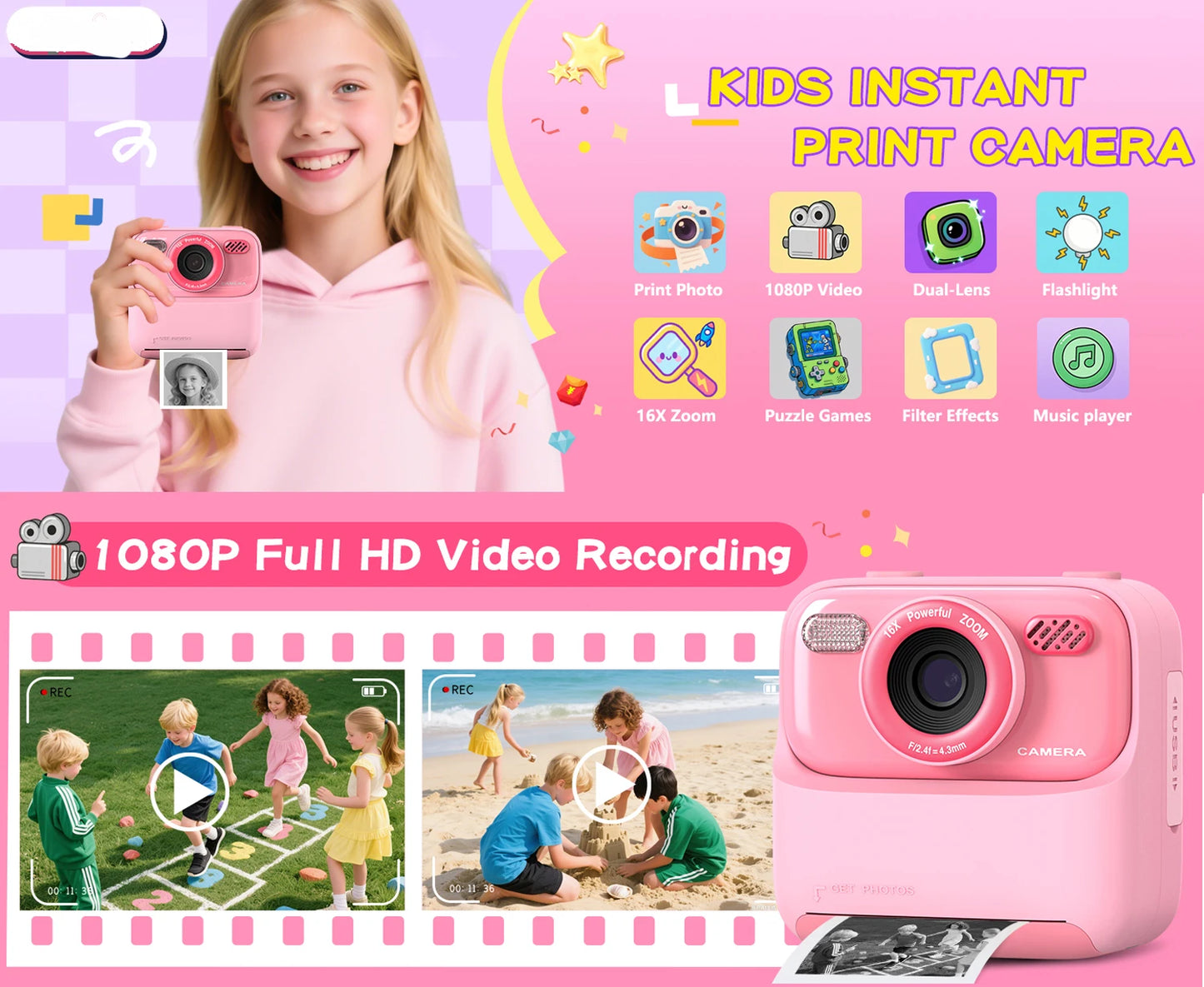 Children Digital Camera Photography Instant Camera 1080P HD Dual Lens Kids Video Recorder Toys for Girls Boys Best Birthday Gift