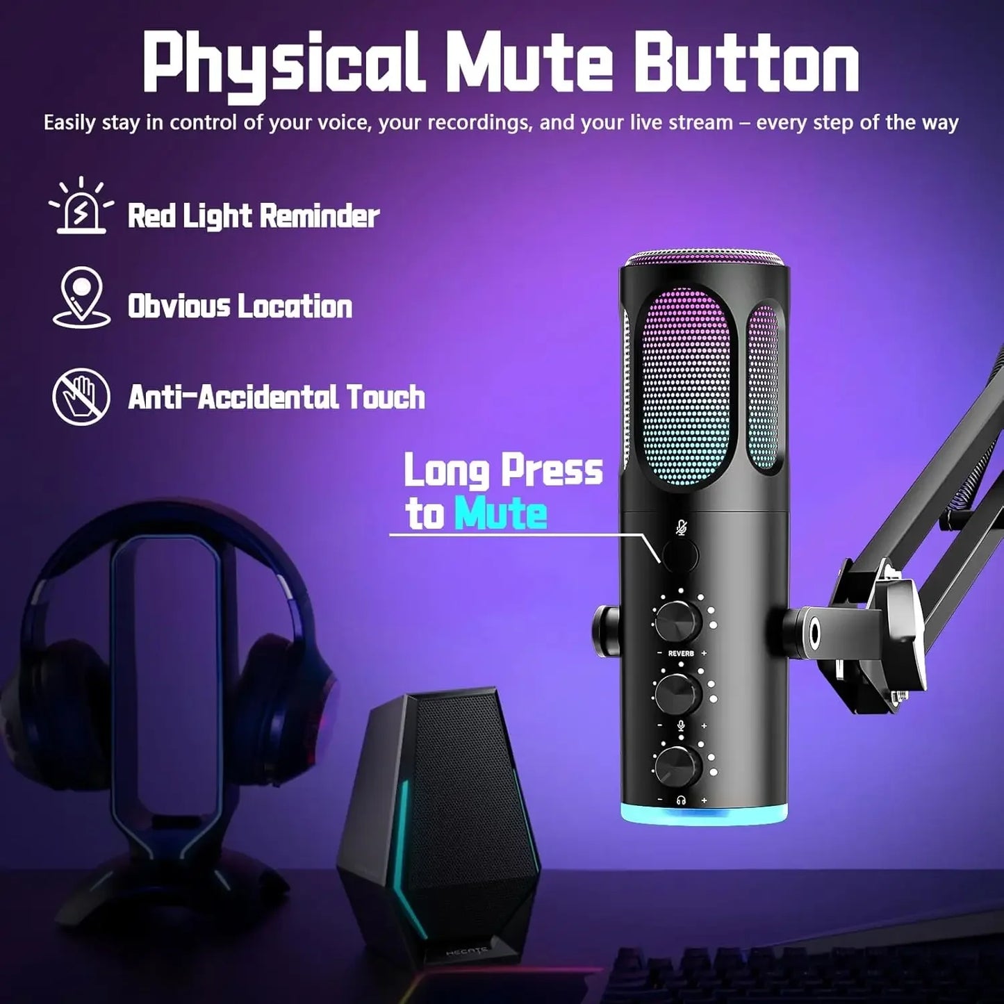 PUPGSIS Gaming USB Microphone, Noise Cancellation Condenser Mic with Mute, Gain, RGB Lights, Boom Arm Stand for Streaming, PC