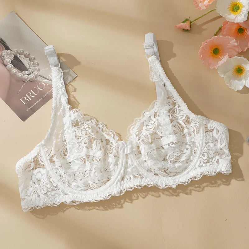 Plus Size Ultra-thin Lace Bras Women Sexy Exquisite Bras Non-padded Push Up Hollow Out Gathered Solid Underwear 34-40 B/C CUP