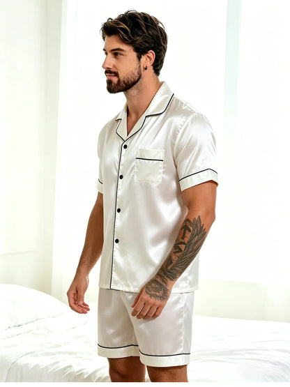 Pyjamasset herr med satinkänsla – kortärmad skjorta och shorts, S–XL