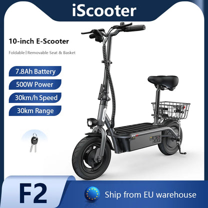 iScooter F2 hopfällbar elscooter med sits, korg och 10-tumsdäck