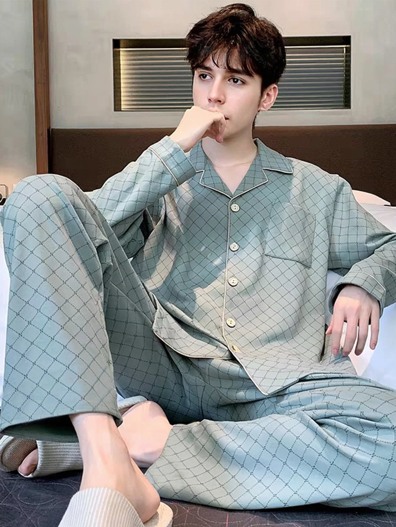 Casual Spring and Autumn Pajamas for Men, New Versatile Cardigan Long-Sleeved Long Pants Set, Simple and Stylish, Plus-Size Loungewear