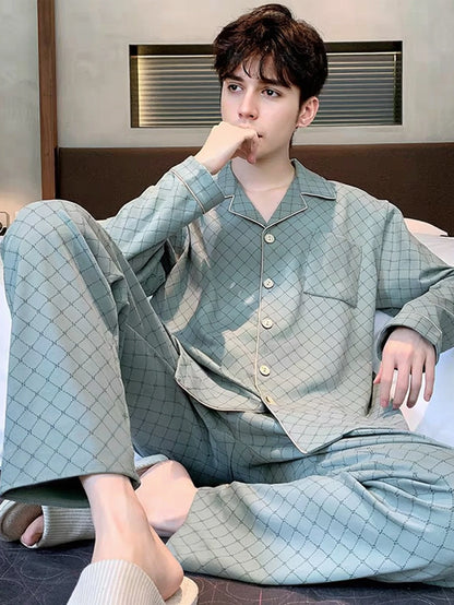 Casual Spring and Autumn Pajamas for Men, New Versatile Cardigan Long-Sleeved Long Pants Set, Simple and Stylish, Plus-Size Loungewear
