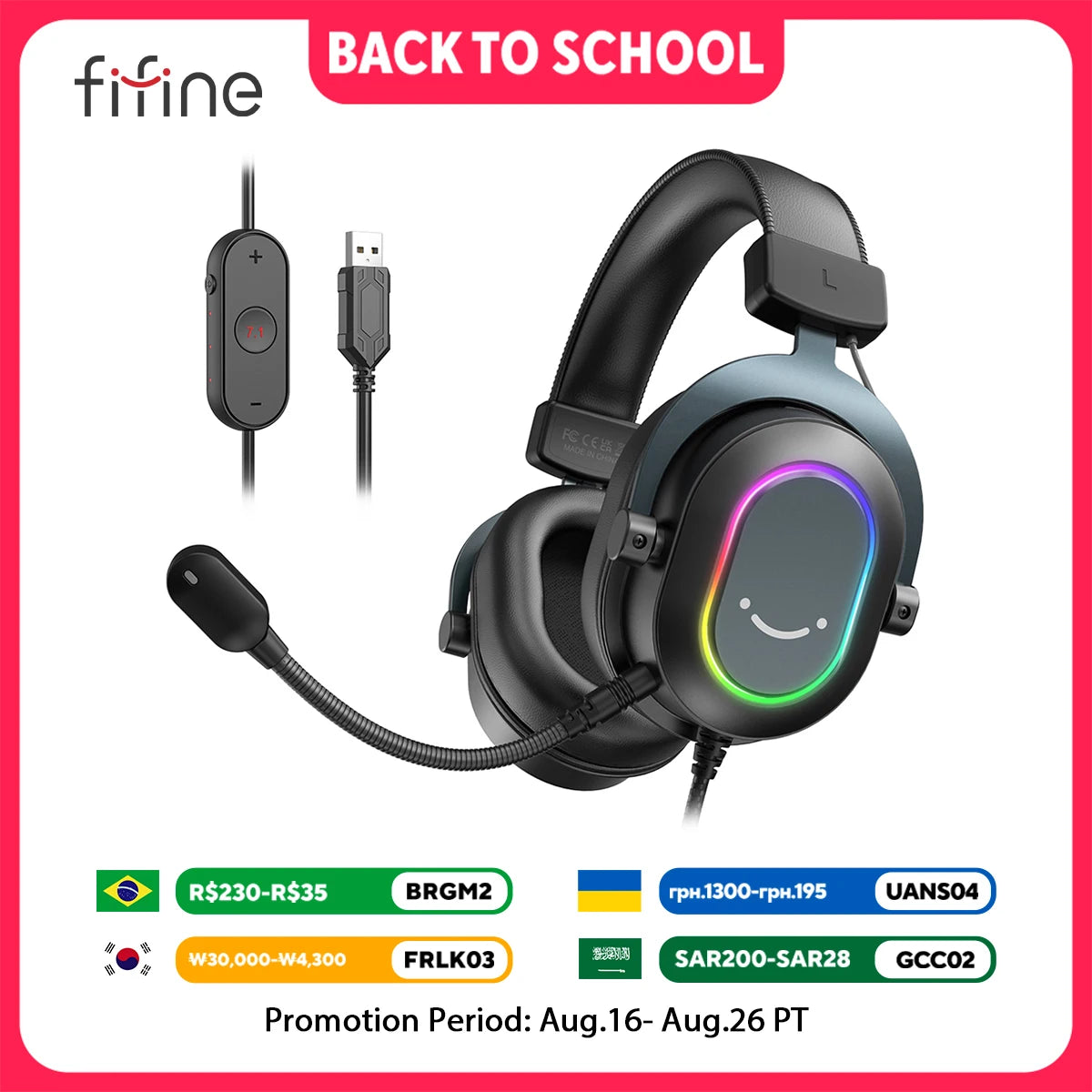 Fifine Dynamic RGB Gaming Headset with Mic Over-Ear Headphones 7.1 Surround Sound PC PS4 PS5 3 EQ Options Game Movie Music