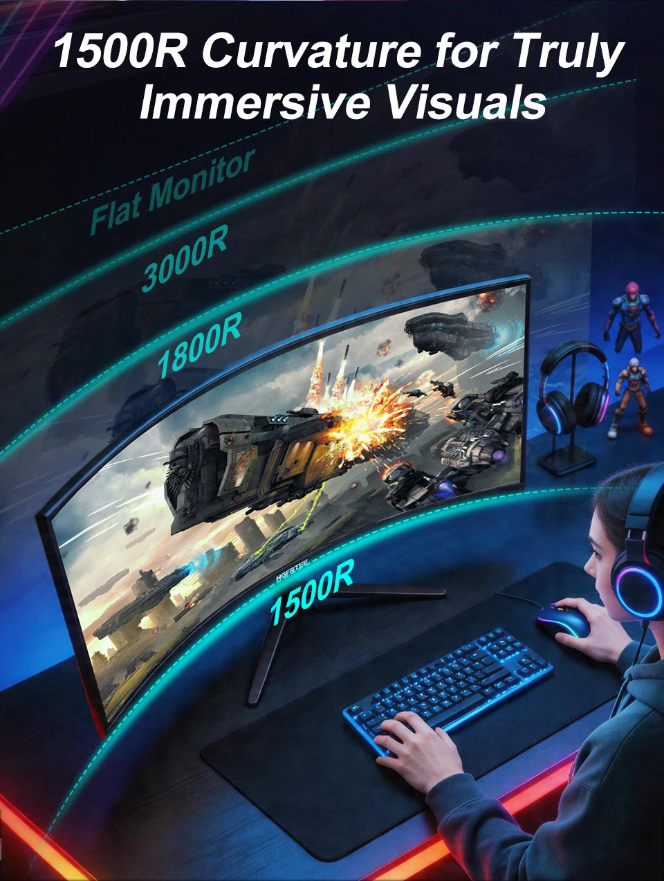 HGFRTEE B340Q Kurvig Gaming-skärm 34" WQHD – VA 3440x1440 165Hz 1500R 21:9 HDR 1ms Matt Yta HDMI