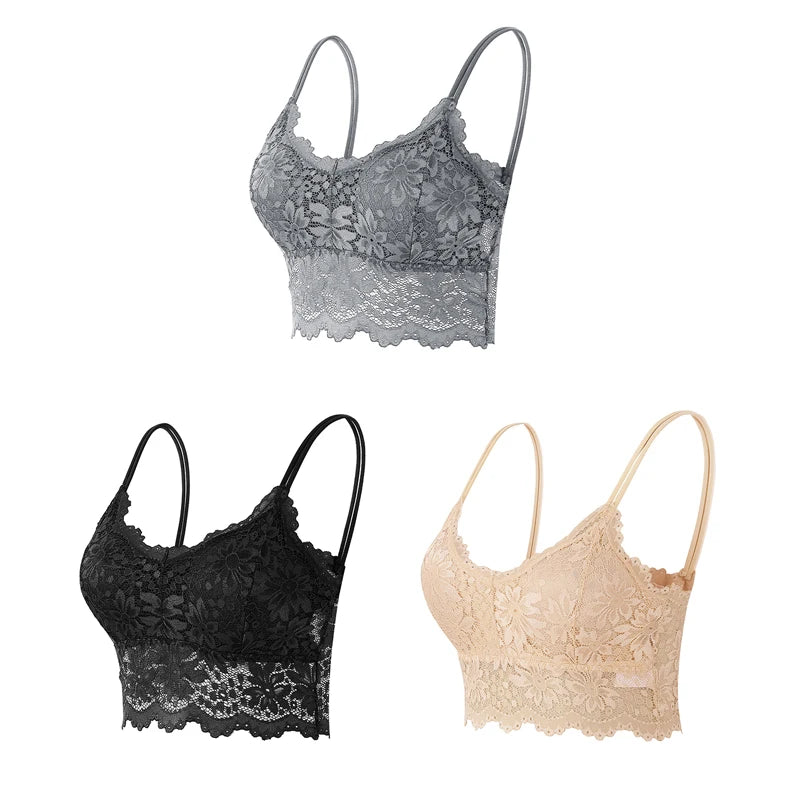 3PCS Women's Lace Bras Top Comfortable Bralette Solid Color Sexy Underwear Vest Female Hollow Out Wireless Lingerie Seamless Bra