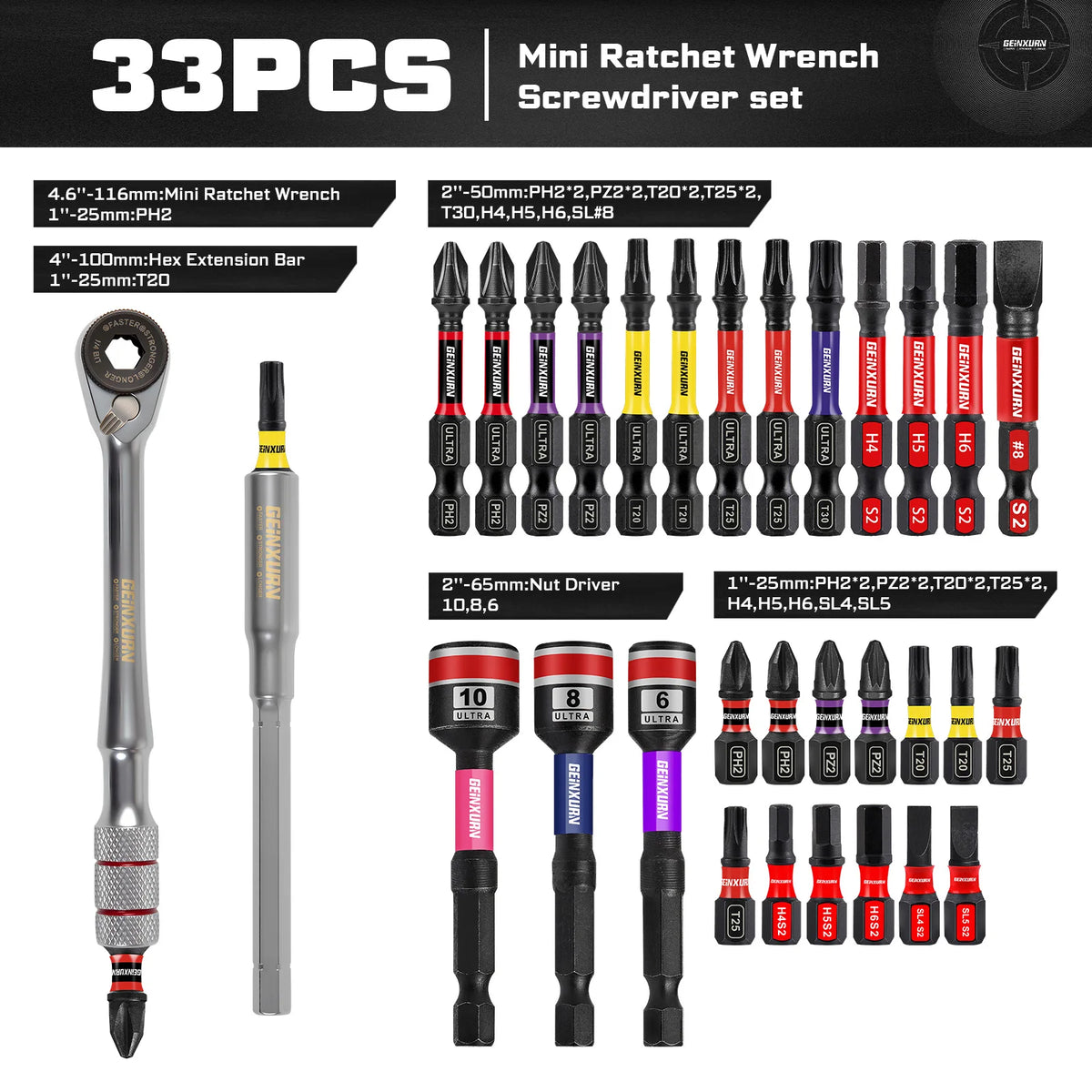 Geinxurn 33-delars minispärrskaftset med bits