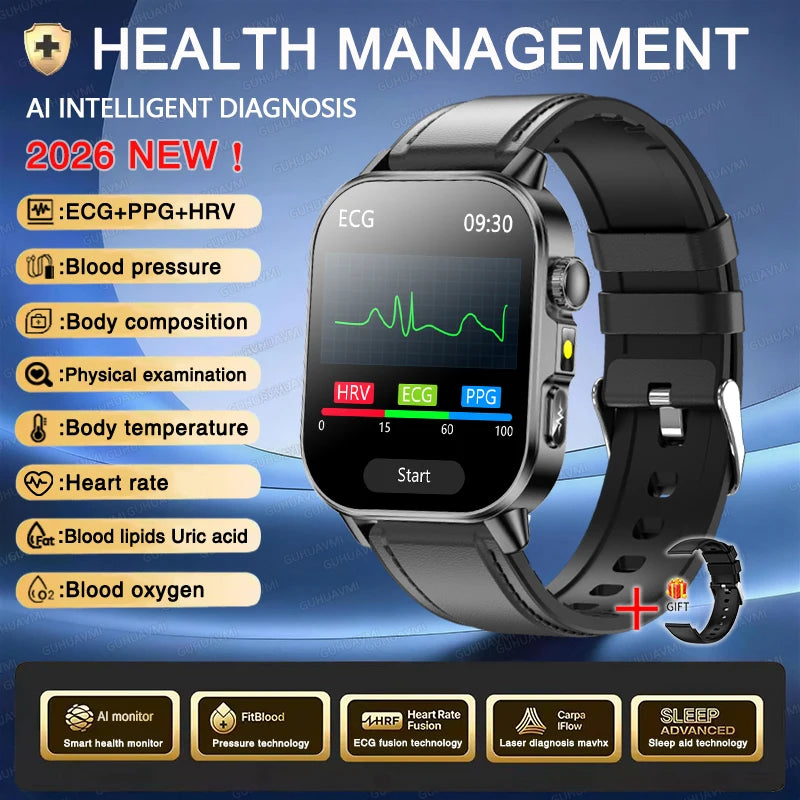 2026 ECG+PPG Daily Health Smart Watch Men Blood Fat Uric Acid Heart Rate Blood Oxygen Bluetooth Call Wellness Tracker Smartwatch