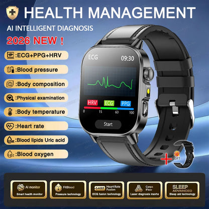 2026 ECG+PPG Daily Health Smart Watch Men Blood Fat Uric Acid Heart Rate Blood Oxygen Bluetooth Call Wellness Tracker Smartwatch