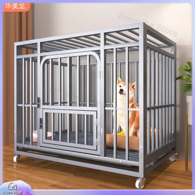 Heavy Duty Square Tube Dog Cage for Medium Large Dogs Indoor Metal Kennel with Toilet Tray Foldable Iron Pet Crate Furniture