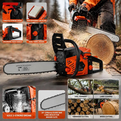 62Cc 2.7Kw Thermal Chainsaw 2-Stroke Gasoline Chain Saw for Wood Cutting, Pruning, Weeding, with 508mm Guide Bar, Throttle Synchronized Starter, Dual Tank