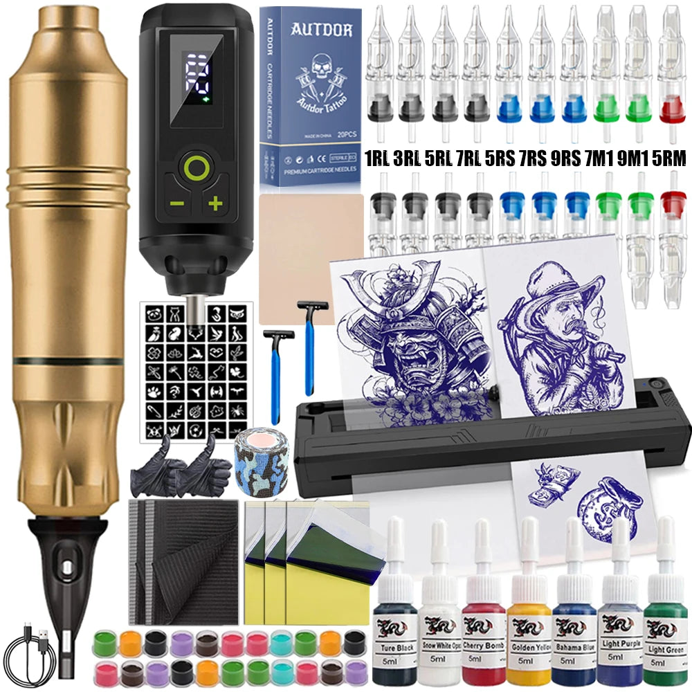 Tattoo Pen Machine Kit Tattoo Machine Pen Set with Wireless Power Supply Cartridge Needle Tattoo Accessories for Tattoo Beginner