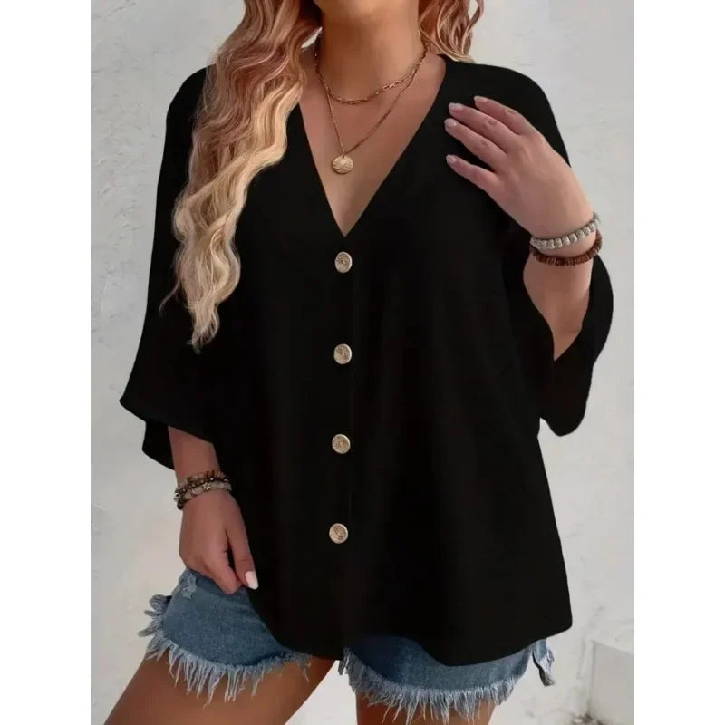 Plus-size Women's T-shirt Solid Color Breathable Spring/summer V-neck Button Travel Casual Wear with European and American Style