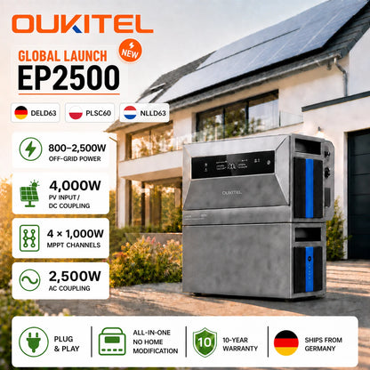 OUKITEL EP2500 Balkong Solcells- & Energilagringssystem – LiFePO4 2048–6144Wh, 4000W PV, 800–2500W On/Off-Grid, IP65, EU-lager (Tyskland)