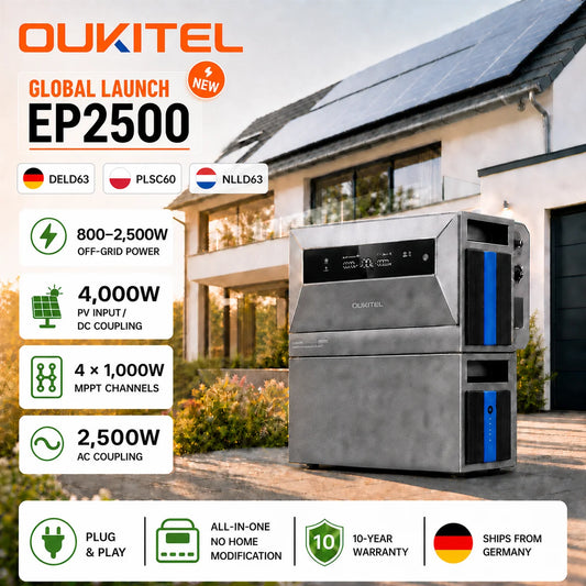OUKITEL EP2500 Balkong Solcells- & Energilagringssystem – LiFePO4 2048–6144Wh, 4000W PV, 800–2500W On/Off-Grid, IP65, EU-lager (Tyskland)