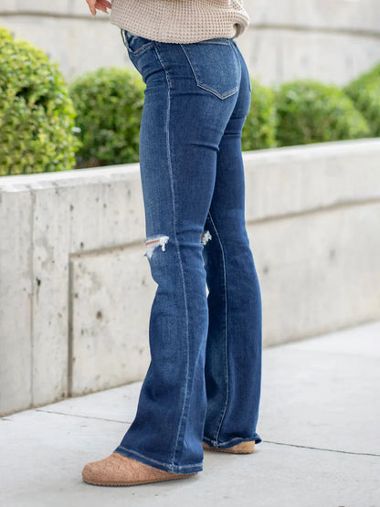 Dam Bootcut Jeans Hög Midja – Y2K Streetwear Vintage Washed Distressed Hål Casual Vår, Marinblå S–XXL