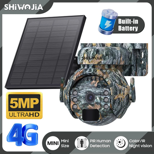 SHIWOJIA 5MP Solcellskamera PTZ – WiFi eller 4G SIM, 360°, PIR-sensor, Kamouflagefärg, Utomhus