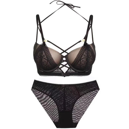 Women's Sexy Push up Lingerie Set French Lace Half Cup Bra with Garter Belt Summer Underwear Demi Bra Transparent