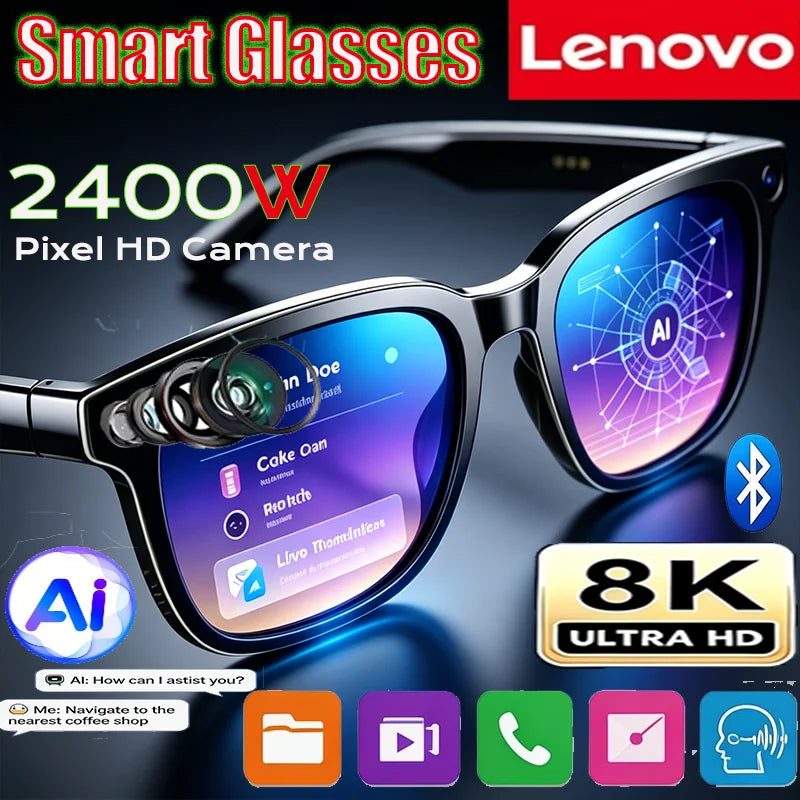 Lenovo 8K 2400W Upgrade Smart AI Glasses HD Shooting Camera Video Photo Voice Call Translation Bluetooth Motorcycle Glasses 2027
