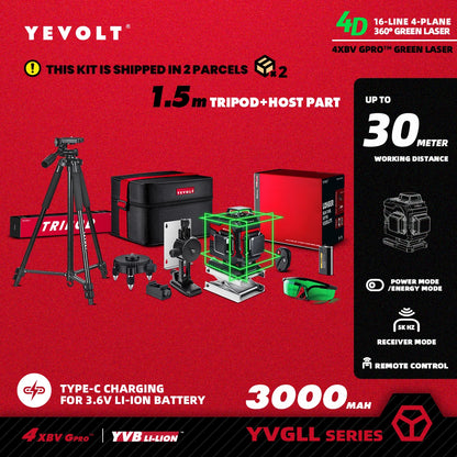 YEVOLT YVGLL4XS16 Grön Lasernivå 4D – 4 Plan, 16 Linjer, 3Ah/5,2Ah Batteri, Självnivellerande