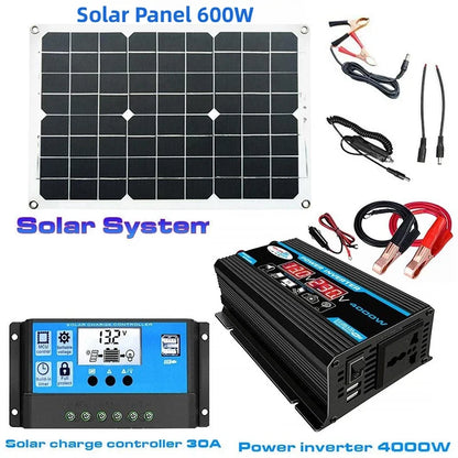 Komplett Solkraftsystem 4000W/6000W – 20W Monokristallin Solpanel + Modifierad Sinusvåg Inverter 110V/220V + 30A PWM-regulator 12V/24V