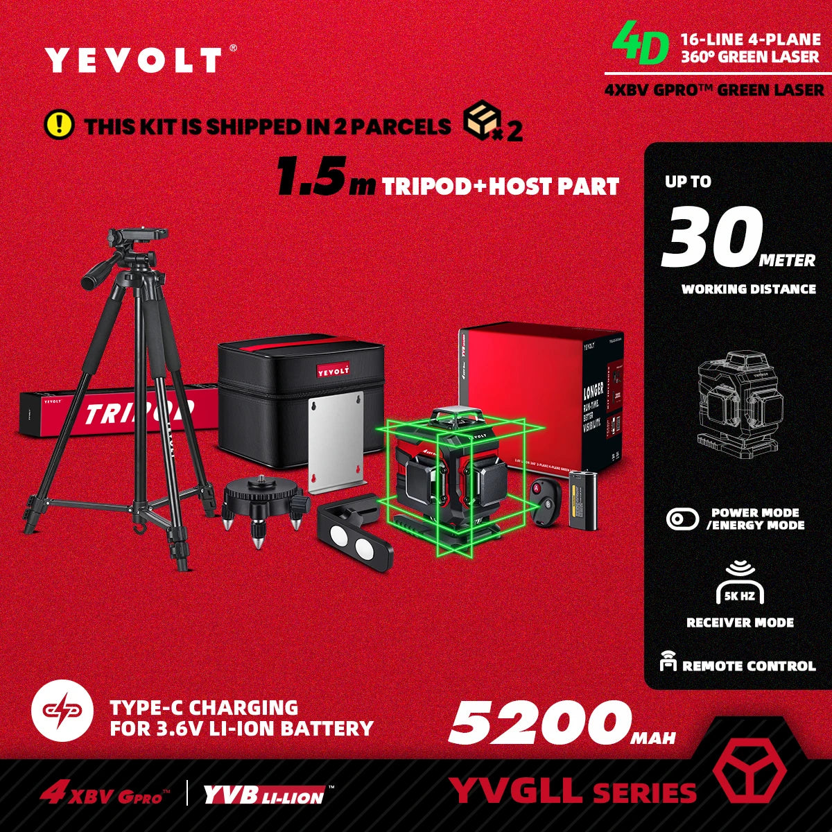 YEVOLT YVGLL4XS16 Grön Lasernivå 4D – 4 Plan, 16 Linjer, 3Ah/5,2Ah Batteri, Självnivellerande