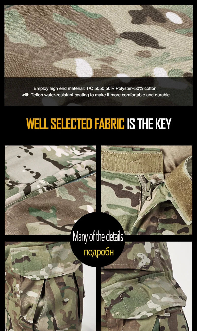 Multicam Tactical Pants +Pads Men Combat Trousers Work Camo Hunting Clothes Multi-pocket Breathable Wear-resisting Cargo Pants