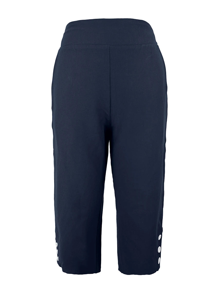 Women's High Waisted Capri Trousers Summer Stretch Cropped Pants with Pocket and Button Details Navy Blue Casual Comfort