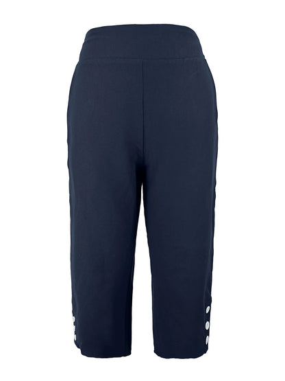 Women's High Waisted Capri Trousers Summer Stretch Cropped Pants with Pocket and Button Details Navy Blue Casual Comfort