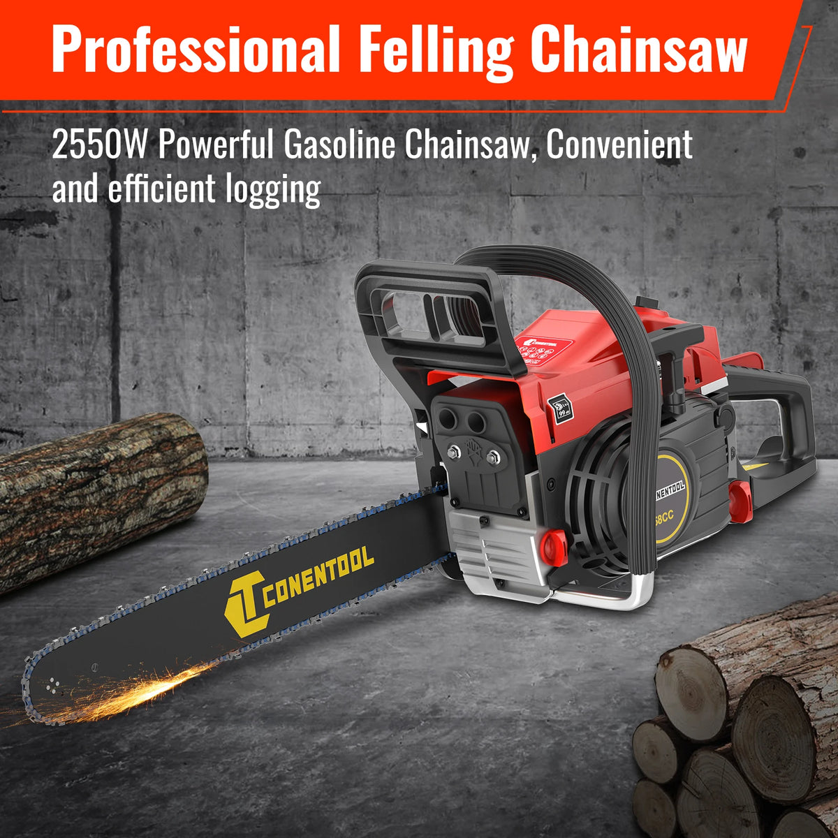 CONENTOOL Professional 58CC Gas Petrol Chainsaw 20" Chain Saw 2.55kW High Power Wood Cutter for Tree Felling Firewood Farm Forestry Garden Tool