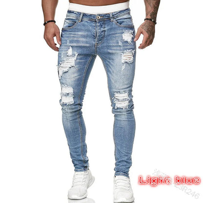 new White Embroidery Jeans Men Cotton Stretchy Ripped Skinny Jeans High Quality Hip Hop Black Hole Slim Fit Oversize Denim Pants