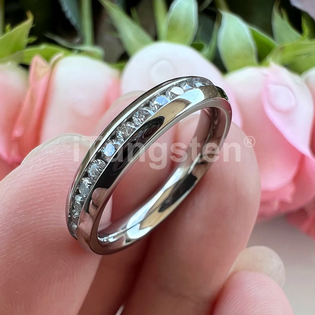 ITungsten 2/3/4mm Men Women Titanium Princess Cubic Zirconia CZ Inlay Ring Nice Eternity Engagement Wedding Band