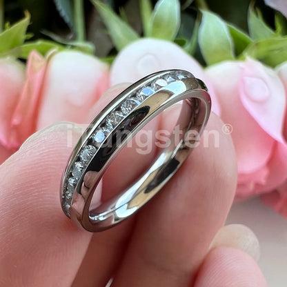 ITungsten 2/3/4mm Men Women Titanium Princess Cubic Zirconia CZ Inlay Ring Nice Eternity Engagement Wedding Band