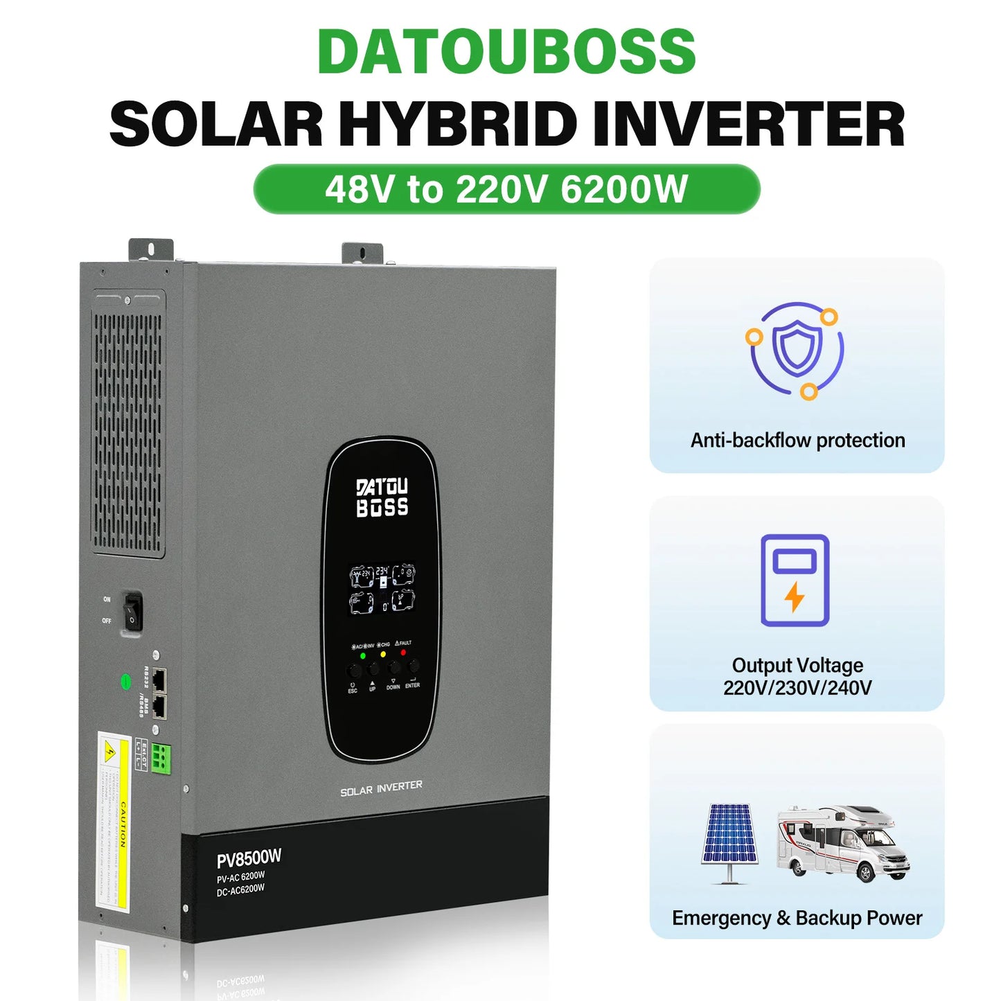 DATOUBOSS Solhybridinverter Ren Sinusvåg – 1,8kW 12V / 3kW 24V / 6,2kW 48V till 220V, Parallellanslutning, EU-lager Polen